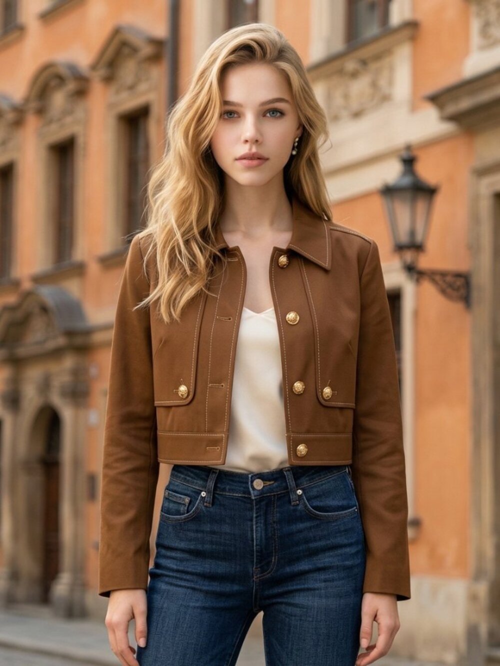 NWT House of Harlow 1960 Brown Gold Button Cropped Jacket M